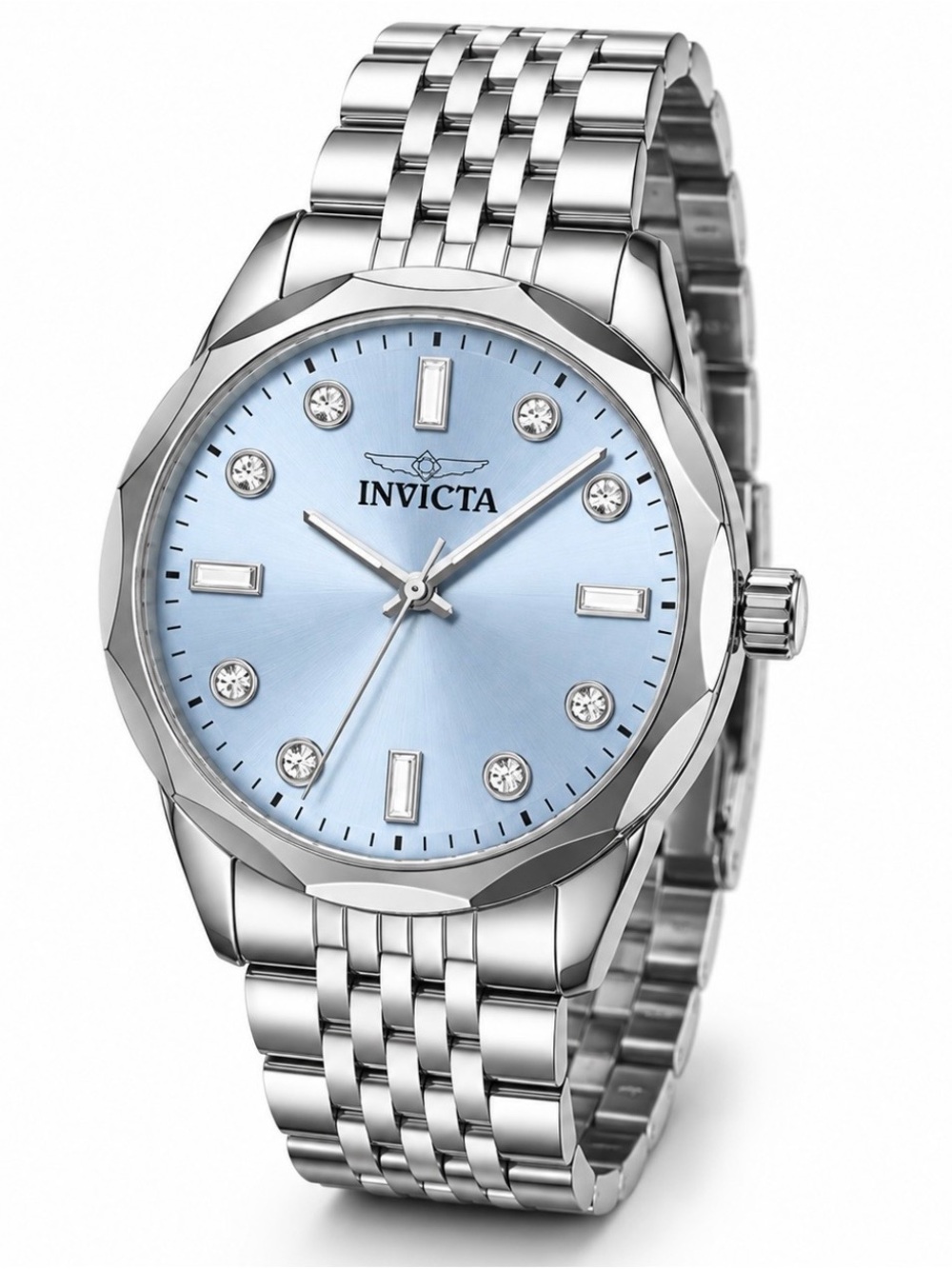 Invicta Women's Silver Bracelet Watch with Light Blue Dial and Crystal Markers